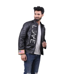 "Men's Black Leather Jacket with Bold White Graphics, Stand-Up Collar, and American Flag Patch – Beautiful and Versatile Design"