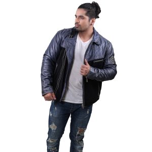 Men's Black and Blue Quilted Leather Jacket Elegant, Durable, and Ideal for Semi-Formal or Casual Outfits