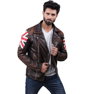Men's Slim-Fit Brown Leather Jacket with Quilted Accents, Union Jack Sleeves, and a Bold and Classic Style