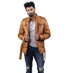 "Men's Brown Leather Jacket - Retro Style with Belted Waist, High Quality, and Practical Pockets for a Classy Look"