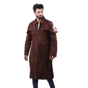 Men's Brown Suede Leather Trench Coat with Functional Pockets, a Front Zipper, a Wide Lapel Collar and Unique Design