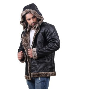 Men's Black Leather Jacket with Hood and Fur Lining: Trendy Warm, and Stylish Winter Clothing