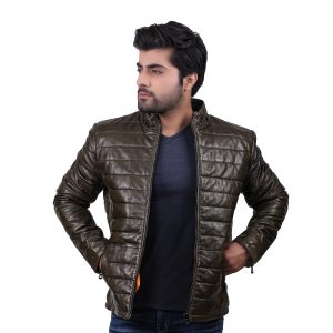 Stylish Olive Green Quilted Leather Jacket with a Fashionable Style, Durable Construction, and Ideal for Semi-Formal or Casual Outfits