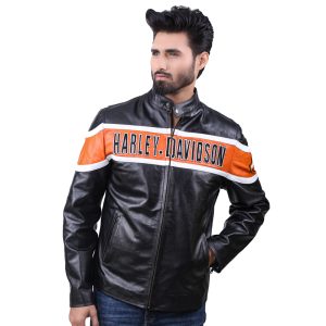 "Men's Black and Orange Biker Jacket with Bold Branding and Sleek Look"