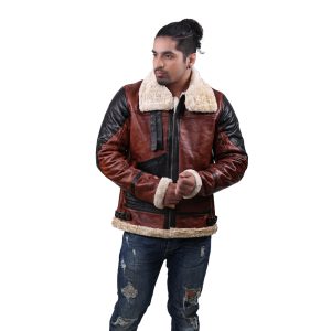 Men's Red and Black Leather Jacket with Shearling Collar Authentic Aviator Design, High-End Relaxation, and Vibrant Winter Style