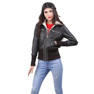 "Women's Black Leather Jacket with Fur Collar & Bold Embroidered Joker Design - Stylish & Warm Outerwear"