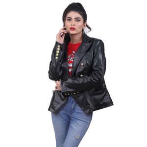 Women's Black Leather Jacket with Gold Buttons Classic Design, Fashion Fit, and Vibrant Elegance for Every Day