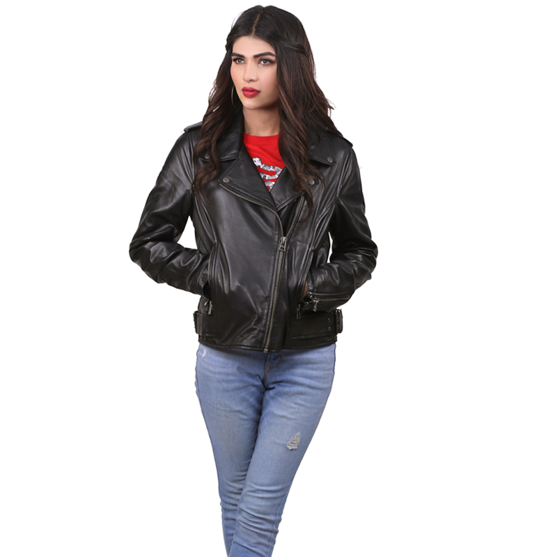 Classic Women's Black Leather Biker Jacket Elegant, Sturdy, and Ideal for any occasion