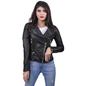 Women's Black Quilted Leather Jacket Stylish Biker Style with Several Useful Pockets and Golden Hardware
